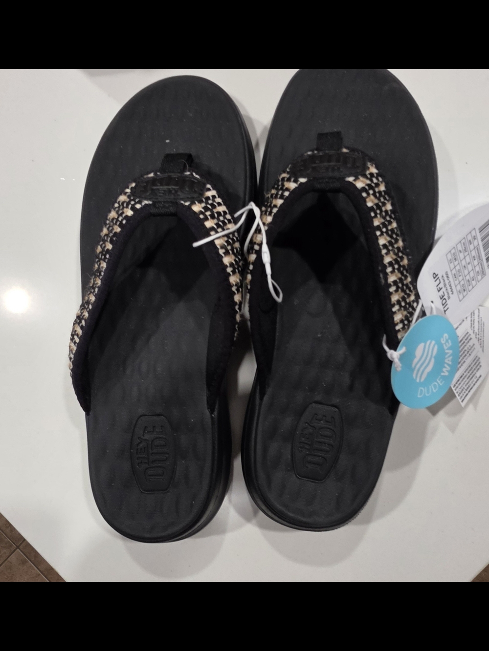 Hey Dude Women’s Black Tide Flip with Woven Neutral Trim - Picture 2 of 3